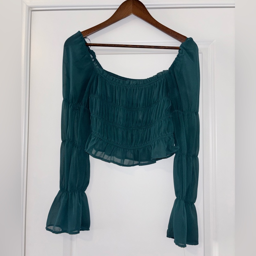 Sheer Ruched PeasantSquare Neck On/Off Shoulder Romantic Ruffled LS Cropped Top